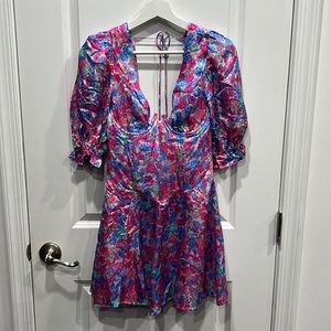 NWT FOR LOVE AND LEMONS Angie Puff Sleeve Corset Mini Dress Pink Floral Small
